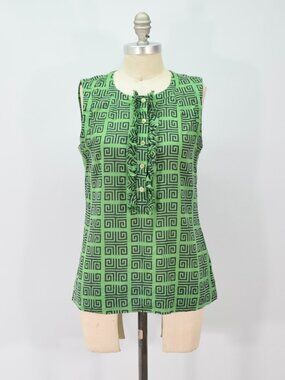Tory Burch Green Greek Meander Pattern Cotton Voile Blouse